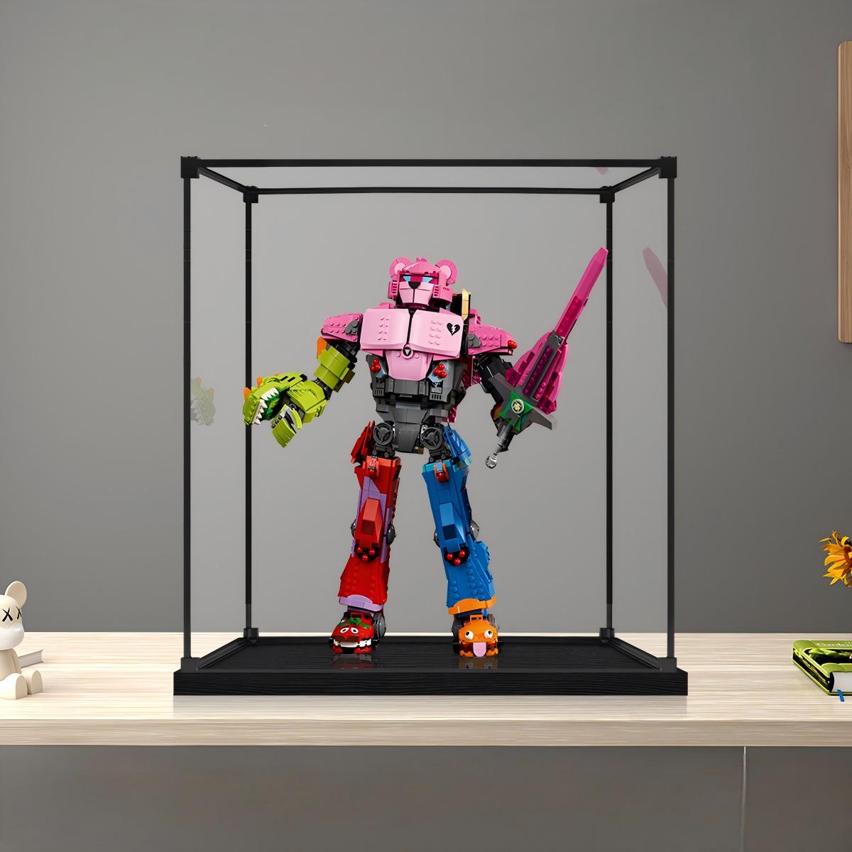 LEGO 77078 Mecha Team Leader حافظة عرض أكريليك مرآة مع ضوء حلقي وخلفية مطبوعة بالأشعة فوق البنفسجية - واجهة عرض مقاومة للغبار