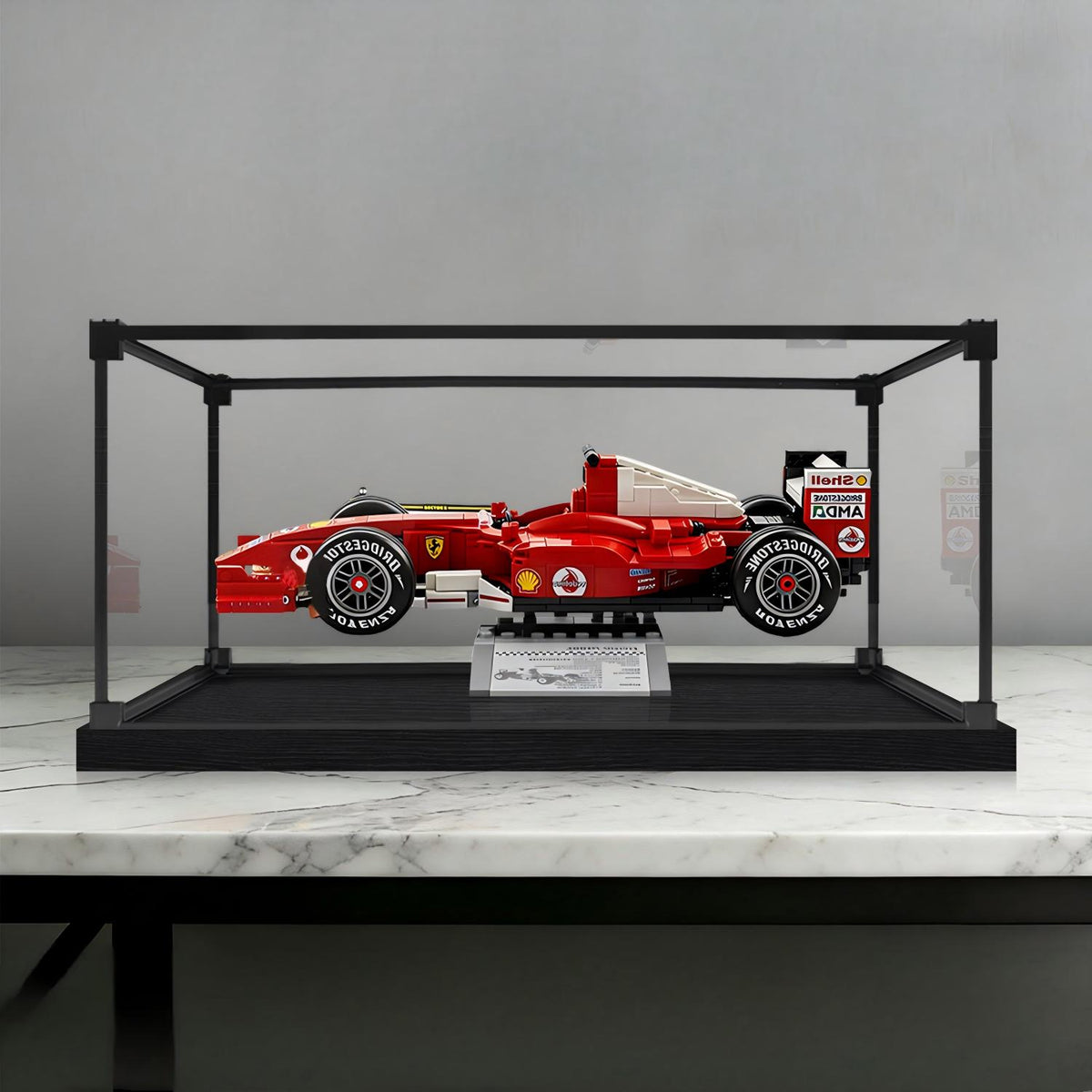 LEGO 11375 Ferrari F2004 & Michael Schumacher Spiegel-Acryl-Vitrine mit Ringlicht & UV-bedrucktem Hintergrund - Staubdichte Vitrine