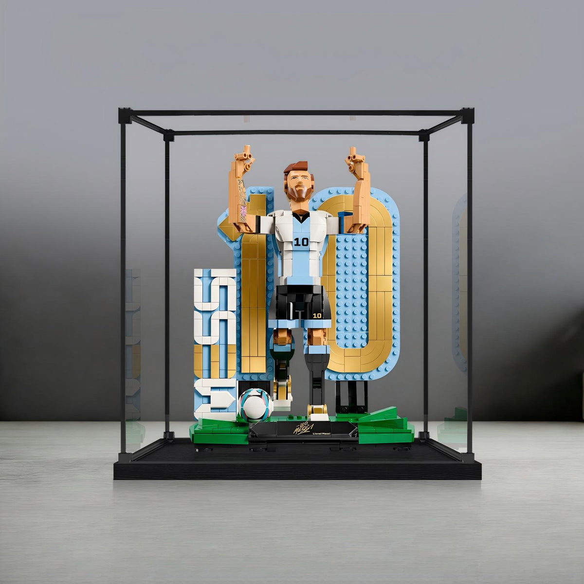 LEGO 43015 Lionel Messi - Soccer Legend Mirror Acrylic Display Case with Ring Light & UV-Printed Background - Dustproof Showcase