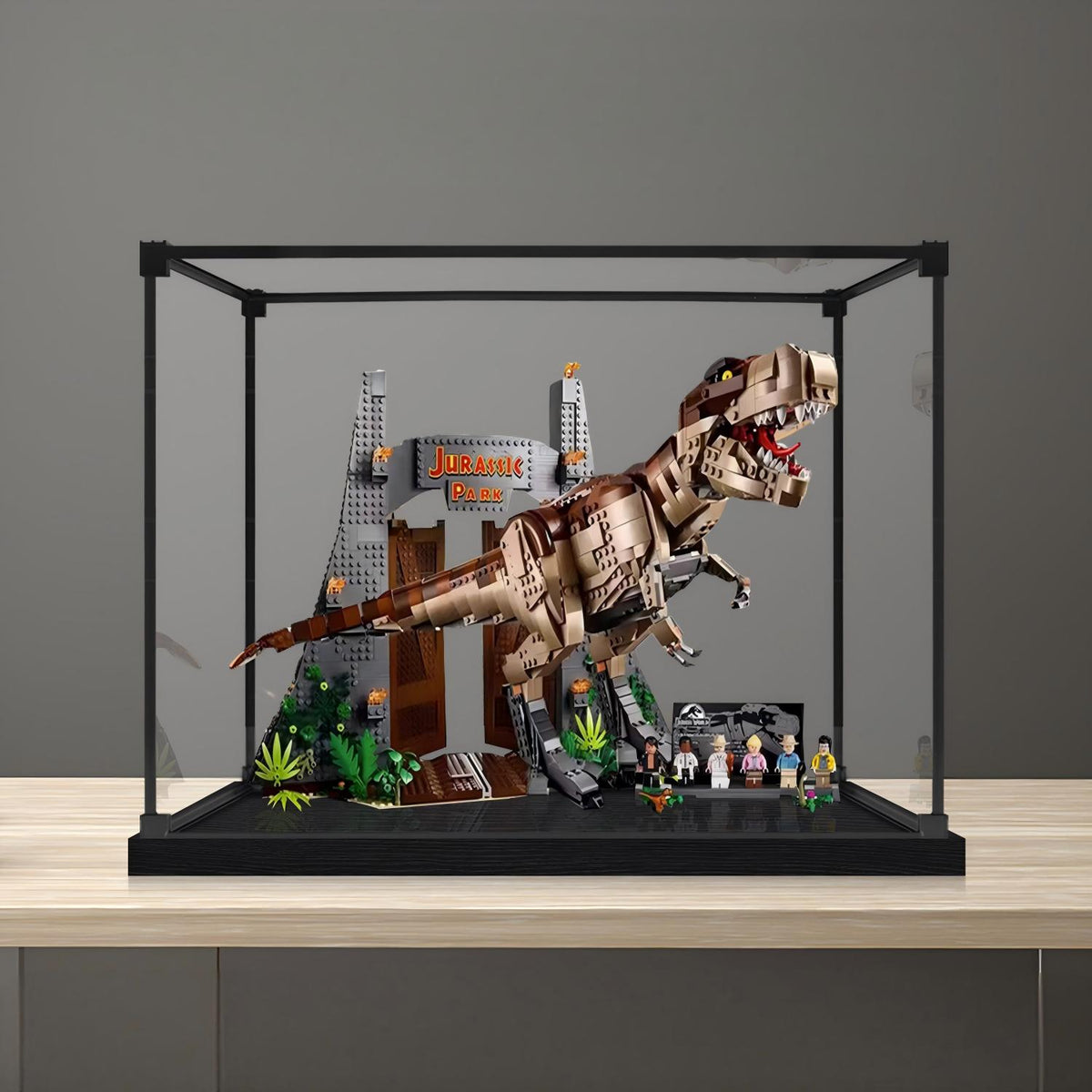 LEGO 75936 Jurassic Park: T. rex Rampage Mirror Acrylic Display Case with Ring Light & UV-Printed Background - Dustproof Showcase