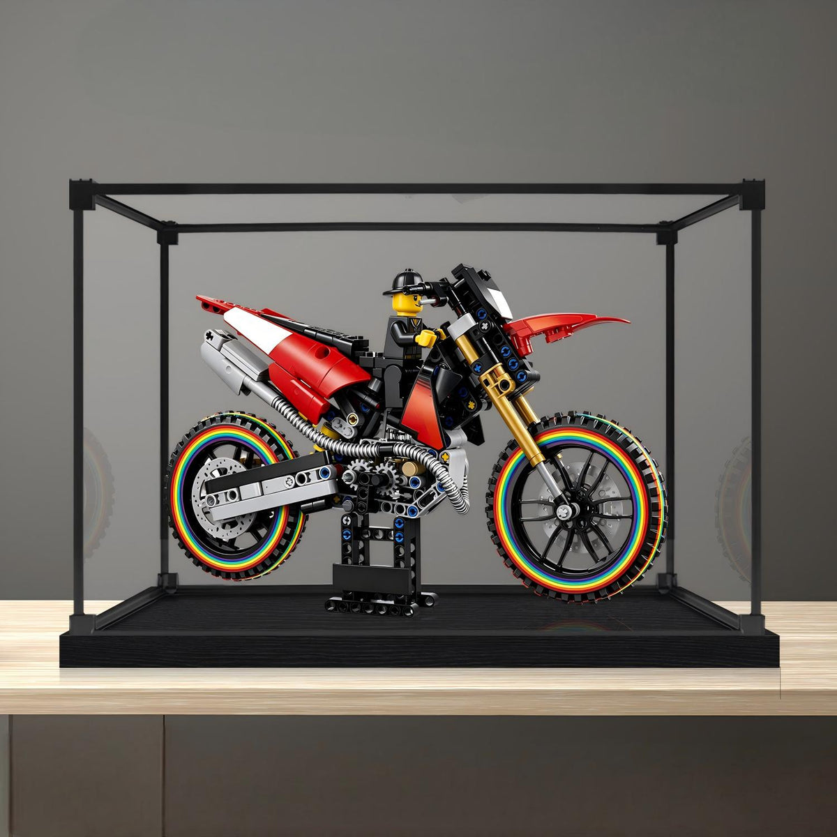 LEGO 42238 دوكاتي ديزمو450 MX مصنع دراجة نارية مرآة عرض أكريليك مع ضوء حلقي وخلفية مطبوعة بالأشعة فوق البنفسجية - خزانة عرض مضادة للغبار