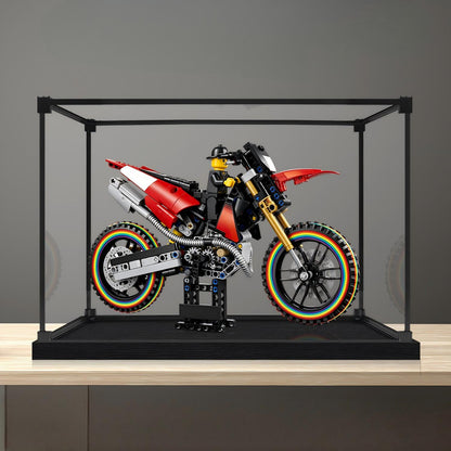 LEGO 42238 دوكاتي ديزمو450 MX مصنع دراجة نارية مرآة عرض أكريليك مع ضوء حلقي وخلفية مطبوعة بالأشعة فوق البنفسجية - خزانة عرض مضادة للغبار