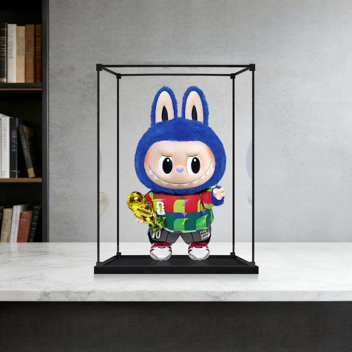 Pop Mart Labubu Champion Series Mirror Acrylic Display Case with Ring Light & UV-Printed Background - Dustproof Showcase