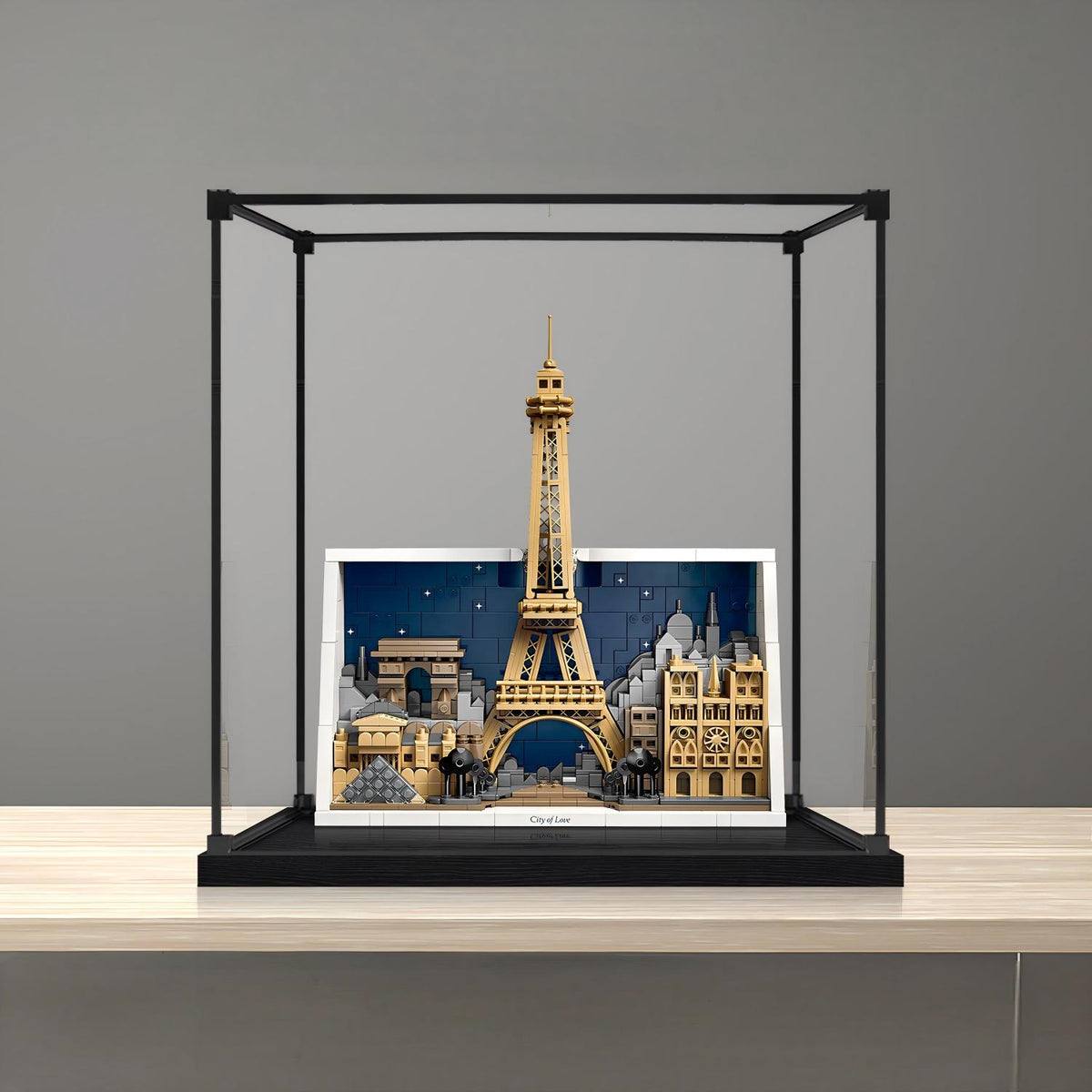 LEGO 21064 Paris - City of Love Mirror Acrylic Display Case with Ring Light & UV-Printed Background - Dustproof Showcase