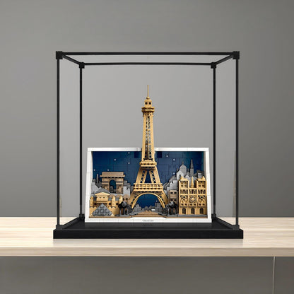 LEGO 21064 Paris - City of Love Mirror Acrylic Display Case with Ring Light & UV-Printed Background - Dustproof Showcase