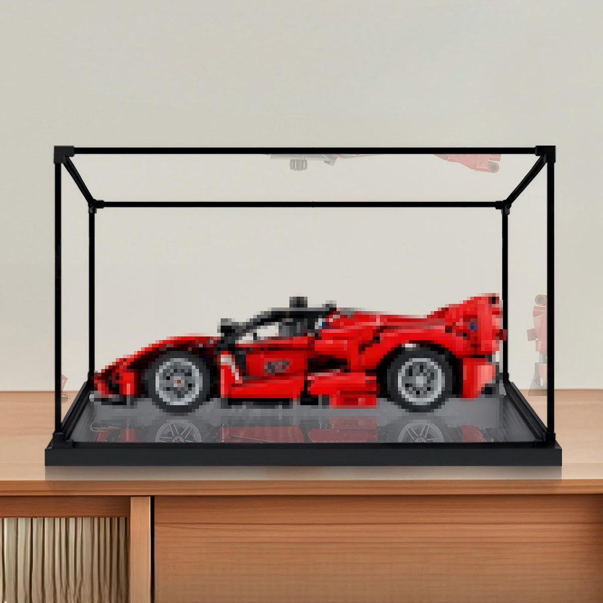 LEGO 42212 Ferrari FXX K Mirror Acrylic Display Case with Ring Light & UV-Printed Background - Dustproof Showcase