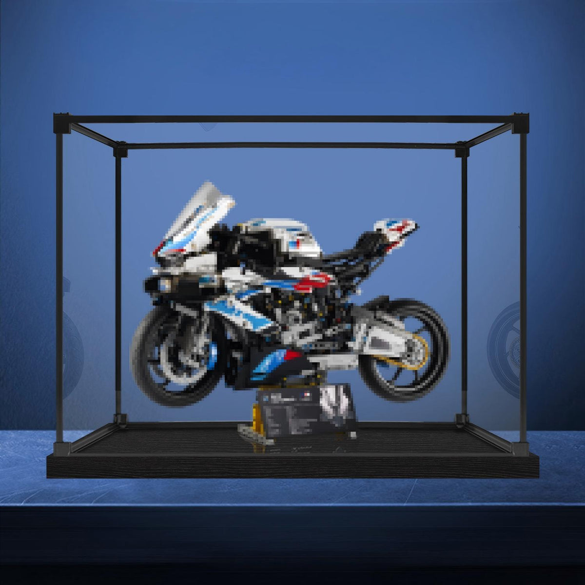 LEGO 42130 BMW M 1000 RR ミラーアクリルディスプレイケース リングライト＆UVプリント背景付き - 防塵ショーケース