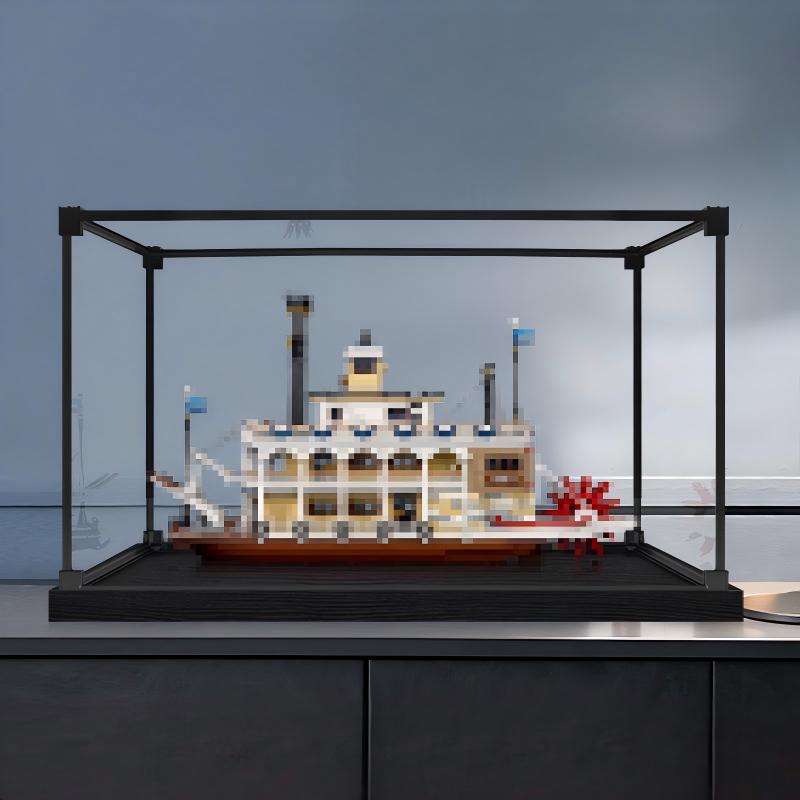 LEGO 21356 River Steamboat Spiegel-Acryl-Vitrine mit Ringlicht & UV-bedrucktem Hintergrund - Staubdichte Vitrine