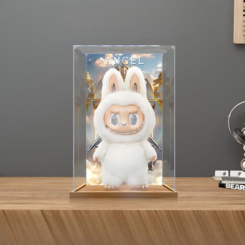 Pop Mart Labubu Angel Mirror Acrylic Display Case with Ring Light & UV-Printed Background - Dustproof Showcase