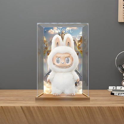 Pop Mart Labubu Angel Mirror Acrylic Display Case with Ring Light & UV-Printed Background - Dustproof Showcase