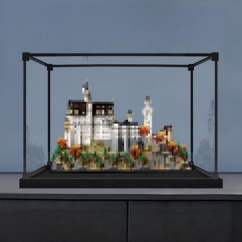 LEGO 21063 Neuschwanstein Slot Spejl Akryl Display Case med Ringlys & UV-trykt Baggrund - Støvtæt Udstillingsvitrine