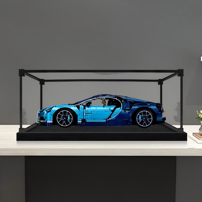 LEGO 42083 Bugatti Chiron Vitrine aus Acryl mit Ringlicht & UV-bedrucktem Hintergrund – Staubschutz-Schaukasten
