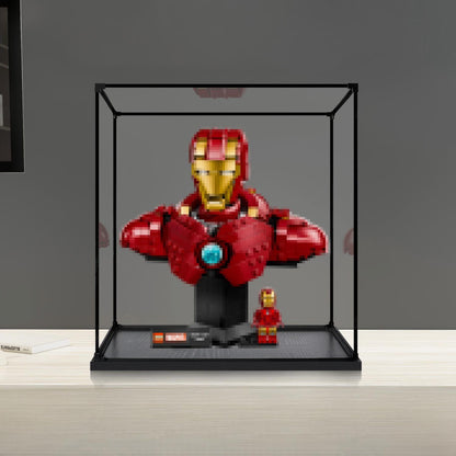 LEGO 76327 Iron Man MK4 Busto Vitrina de Exhibición de Acrílico Espejo con Anillo de Luz y Fondo Impreso en UV - Vitrina a Prueba de Polvo