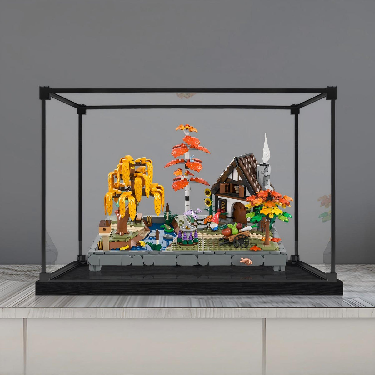 LEGO 11372 Autumn Cottage Garden Mirror Acrylic Display Case with Ring Light & UV-Printed Background - Dustproof Showcase