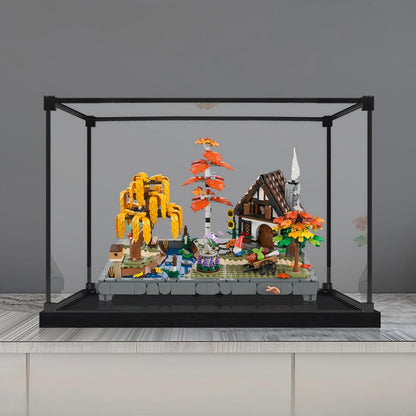 LEGO 11372 Autumn Cottage Garden Mirror Acrylic Display Case with Ring Light & UV-Printed Background - Dustproof Showcase