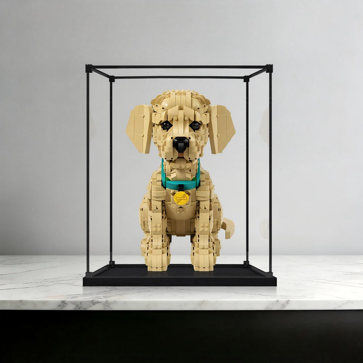 LEGO 11384 Vitrine de Exposição em Acrílico com Espelho para Filhote de Golden Retriever com Anel de Luz e Fundo Impresso em UV - Vitrine à Prova de Poeira
