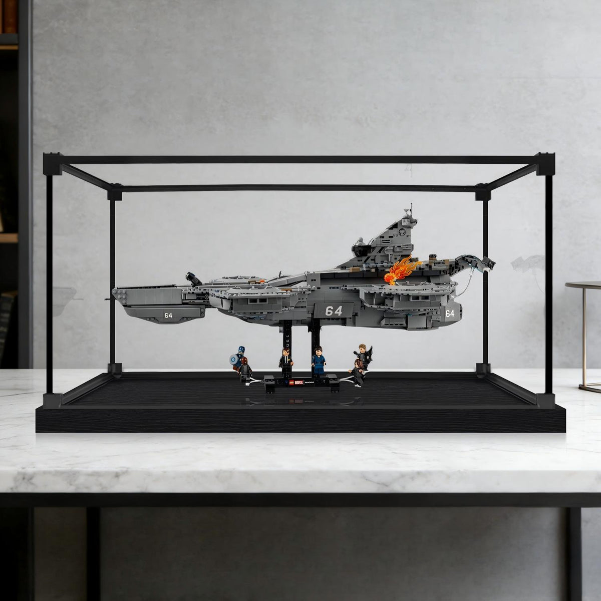 LEGO 76354 S.H.I.E.L.D. Helicarrier حافظة عرض أكريليك مرآة مع ضوء حلقي وخلفية مطبوعة بالأشعة فوق البنفسجية - واجهة عرض مقاومة للغبار