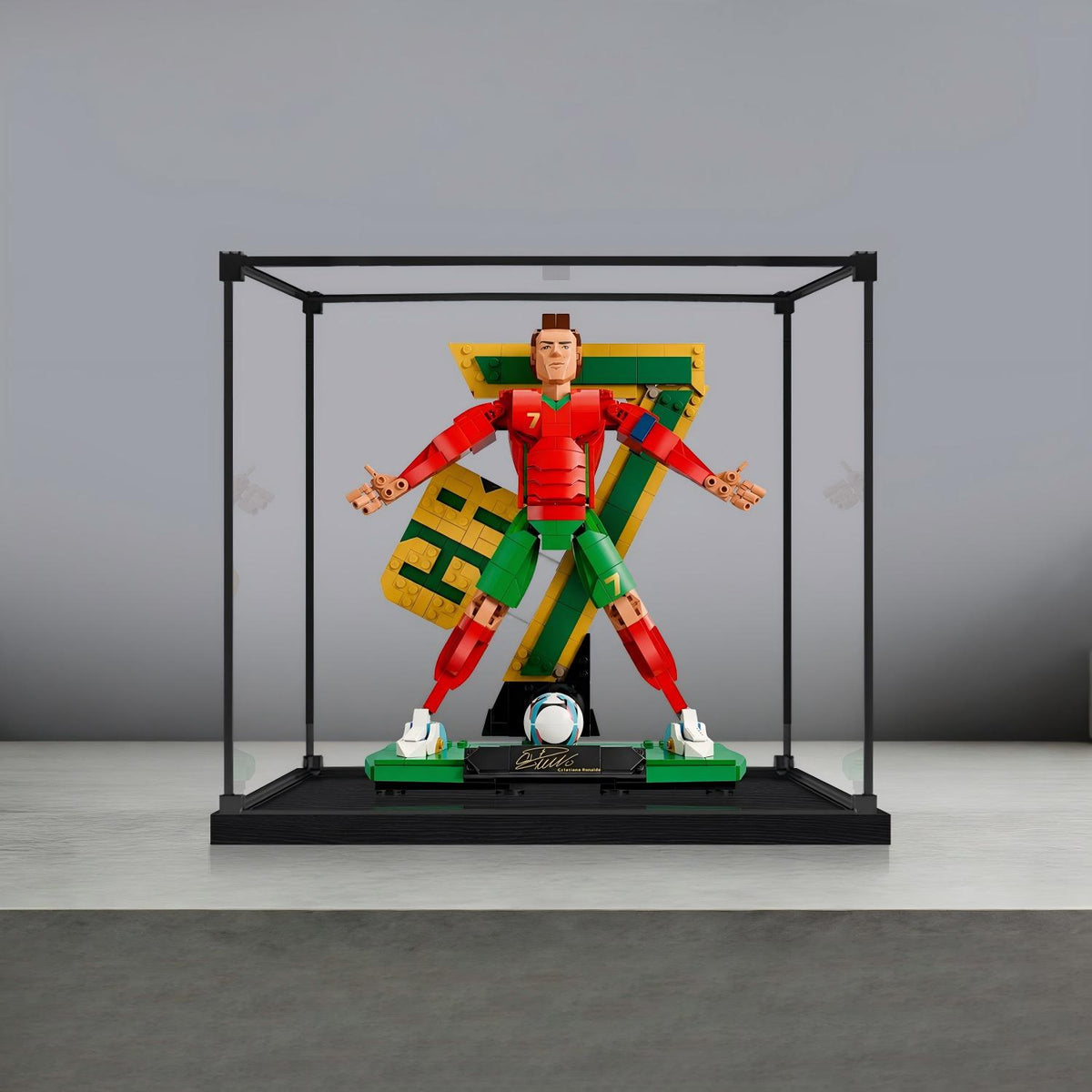 LEGO 43016 Cristiano Ronaldo - Soccer Legend Mirror Acrylic Display Case with Ring Light & UV-Printed Background - Dustproof Showcase