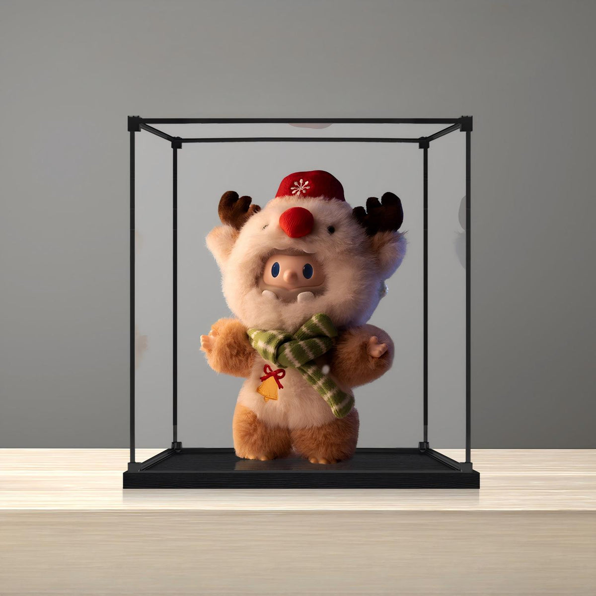 Pop Mart Furry Rudolph Bob Series Mirror Acrylic Display Case with Ring Light & UV-Printed Background - Dustproof Showcase