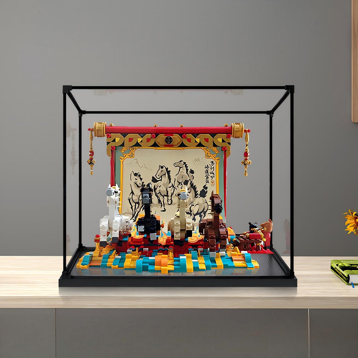 LEGO 80119 Galloping Horses Canvas Mirror Acrylic Display Case con Ring Light e Sfondo Stampato UV - Vetrina Antipolvere