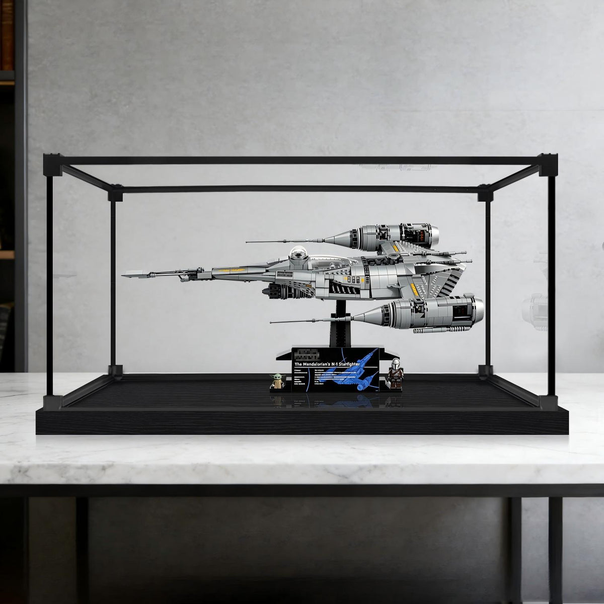 LEGO 75442 The Mandalorian's N-1 Starfighter - UCS Mirror Acrylic Display Case with Ring Light & UV-Printed Background - Dustproof Showcase