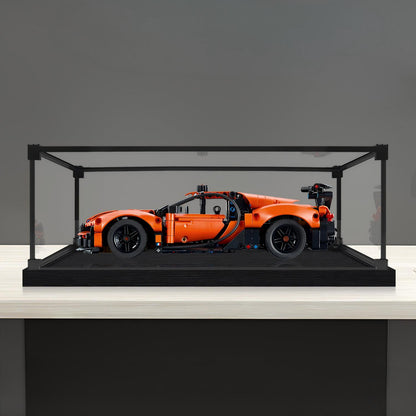 LEGO 42222 Bugatti Chiron Pur Sport Mirror Acrylic Display Case with Ring Light & UV-Printed Background - Dustproof Showcase
