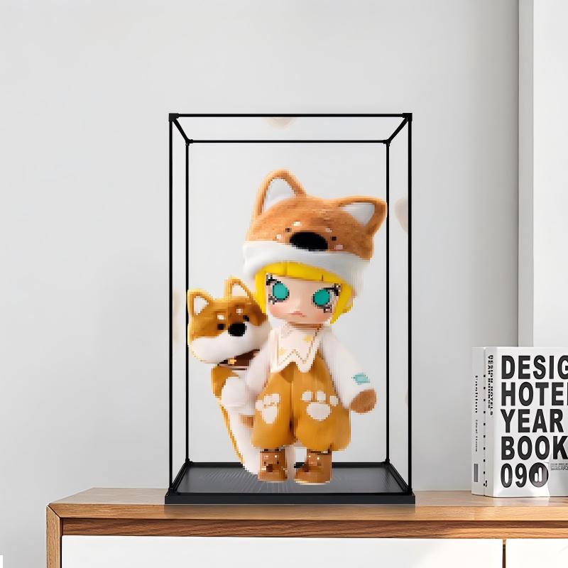 Caixa de Exibição de Acrílico Espelhado para Coleção Pop Mart Molly Shiba Inu com Luz de Anel e Fundo Impresso em UV - Vitrine à Prova de Poeira