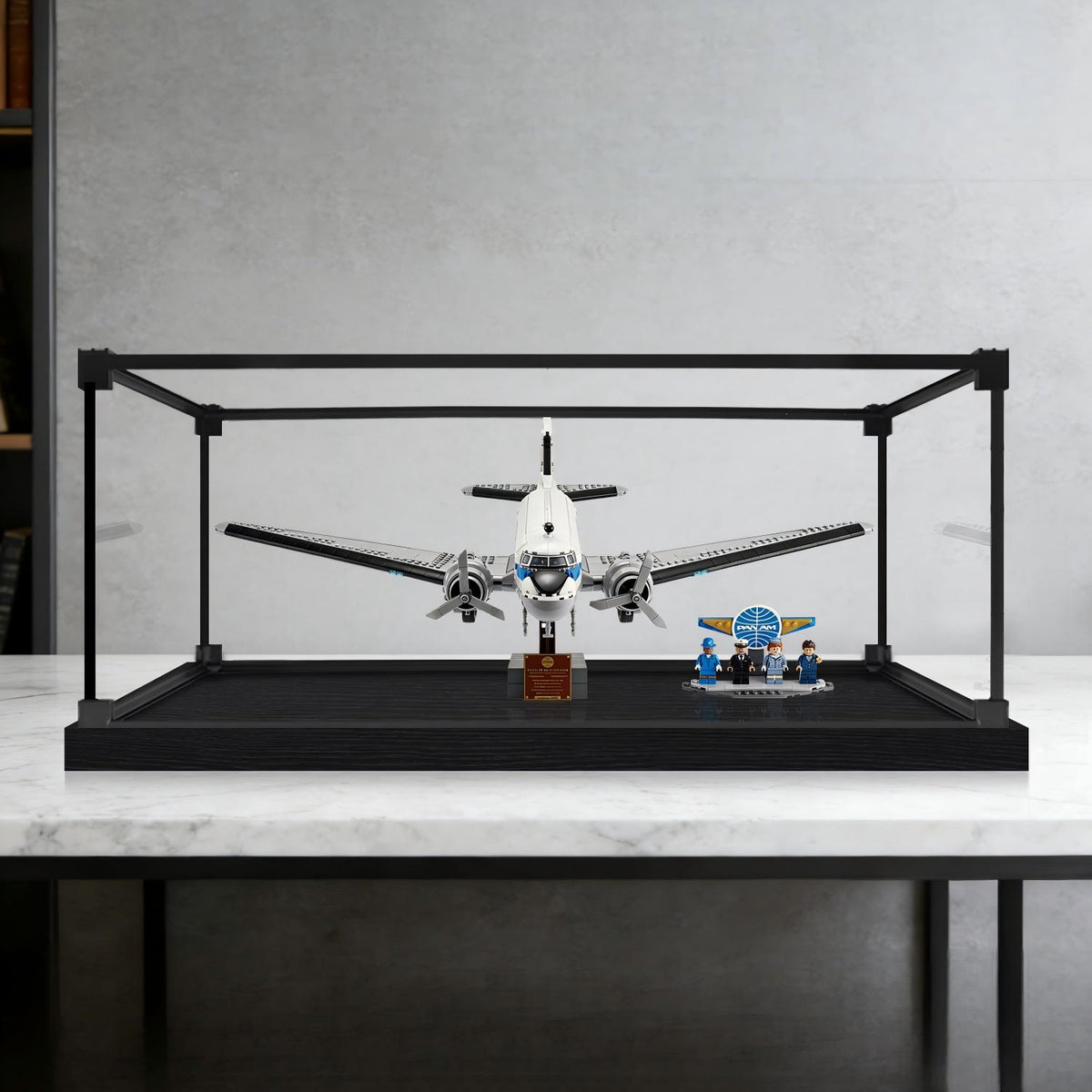 LEGO 11378 Douglas DC-3 PAN AM Airliner Mirror Acrylic Display Case with Ring Light & UV-Printed Background - Dustproof Showcase