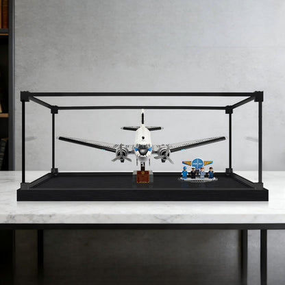 LEGO 11378 Douglas DC-3 PAN AM Airliner Mirror Acrylic Display Case with Ring Light & UV-Printed Background - Dustproof Showcase
