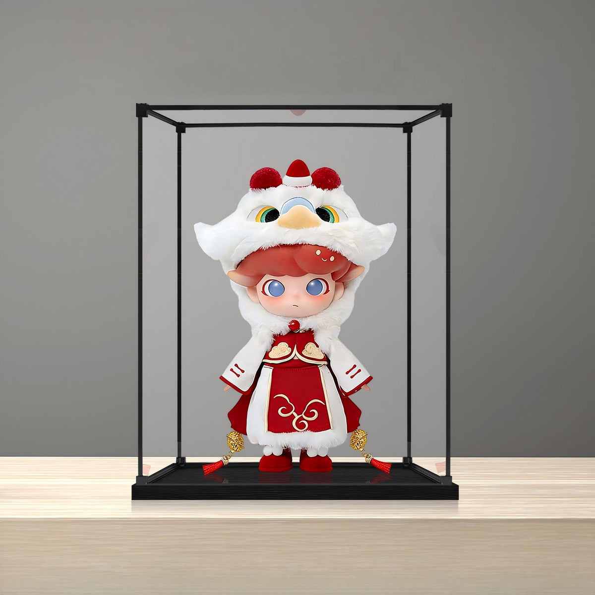 Pop Mart Dimoo Lion Dance Mirror Acrylic Display Case with Ring Light & UV-Printed Background - Dustproof Showcase