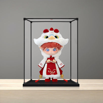 Pop Mart Dimoo Lion Dance Mirror Acrylic Display Case with Ring Light & UV-Printed Background - Dustproof Showcase