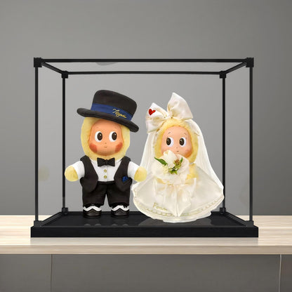 Pop Mart 婚礼系列镜面亚克力展示盒，带环形灯和UV印刷背景 - 防尘展示柜