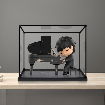 Caixa de Exibição de Acrílico Espelhado da Série Pop Mart Hirono Piano com Luz de Anel e Fundo Impresso em UV - Vitrine à Prova de Poeira