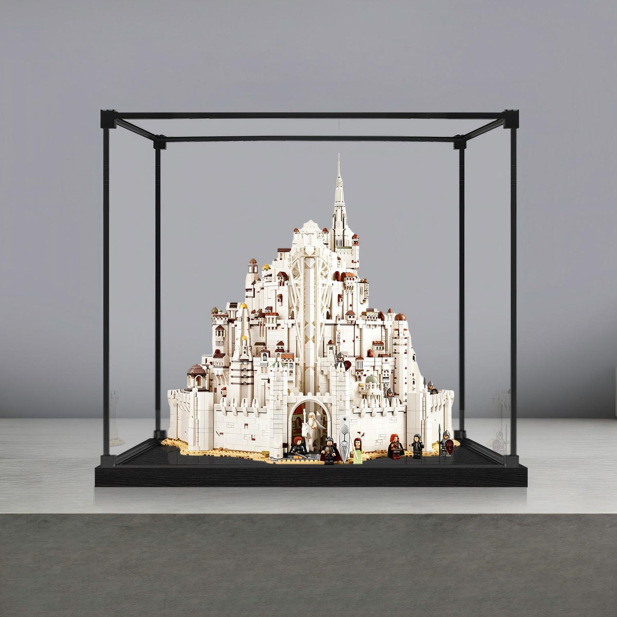 LEGO 11377 Icons The Lord of the Rings: Minas Tirith Mirror Acrylic Display Case with Ring Light & UV-Printed Background - Dustproof Showcase