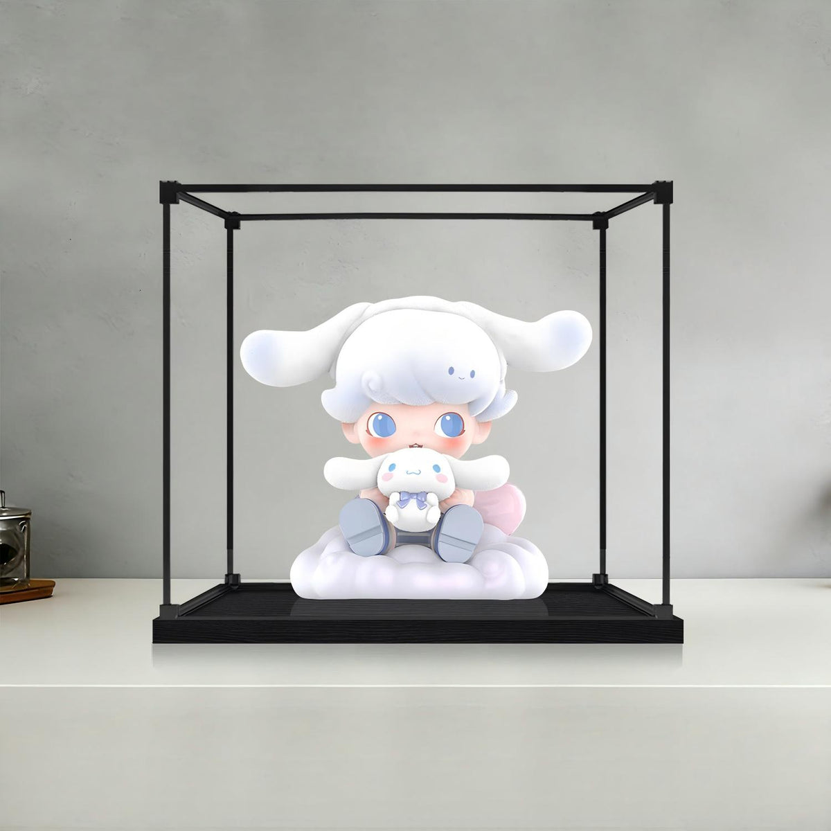 Pop Mart 可爱小狗镜面亚克力展示盒，带环形灯和UV印刷背景 - 防尘展示柜