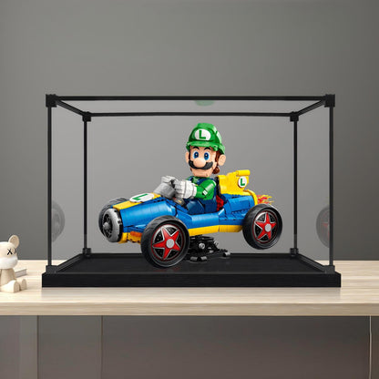 LEGO 72050 Mario Kart - Luigi & Mach 8 Vetrina espositiva in acrilico specchiato con luce ad anello e sfondo stampato UV - Espositore antipolvere