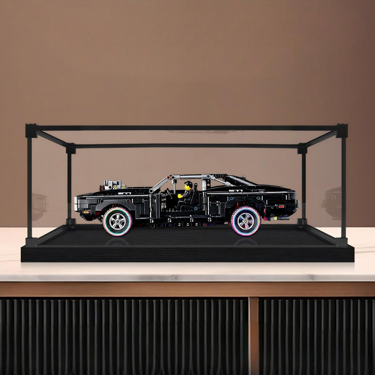 LEGO 42231 دودج تشارجر R/T صندوق عرض أكريليك مع إضاءة حلقية وخلفية مطبوعة بالأشعة فوق البنفسجية - صندوق عرض مقاوم للغبار