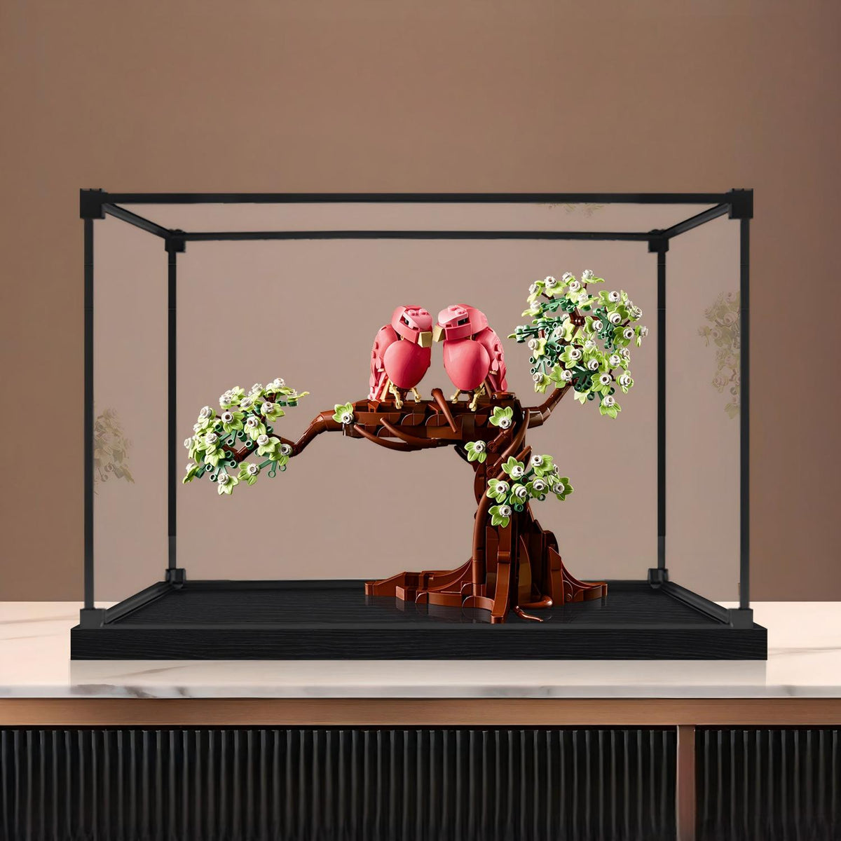 LEGO 21365 Love Birds Spiegel Acryl Vitrine met Ringlicht & UV-Geprinte Achtergrond - Stofdichte Showcase