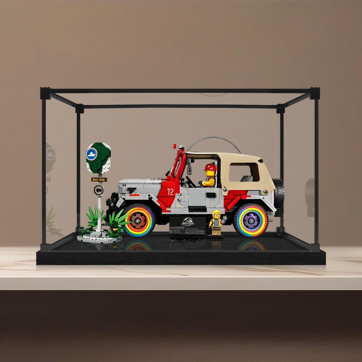 LEGO 77984 Jurassic Park Jeep Wrangler Mirror Acrylic Display Case with Ring Light & UV-Printed Background - Dustproof Showcase
