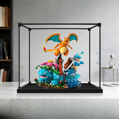 LEGO 72153 Venusaur, Charizard and Blastoise Mirror Acrylic Display Case with Ring Light & UV-Printed Background - Dustproof Showcase