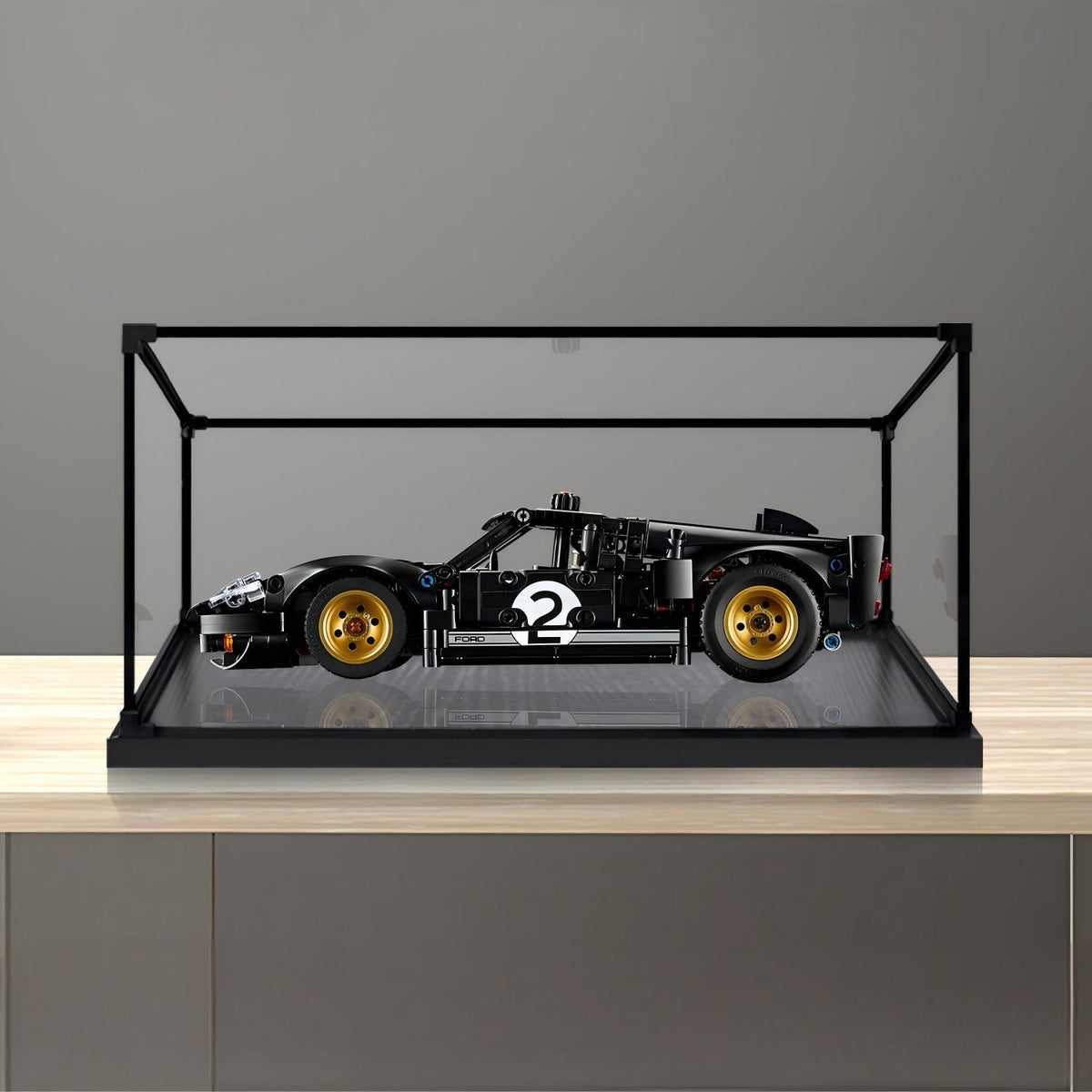 LEGO 42223 1966 Ford GT40 MKII Vitrine de Exibição em Acrílico com Espelho, Luz Anelar e Fundo Impresso em UV - Vitrine à Prova de Poeira