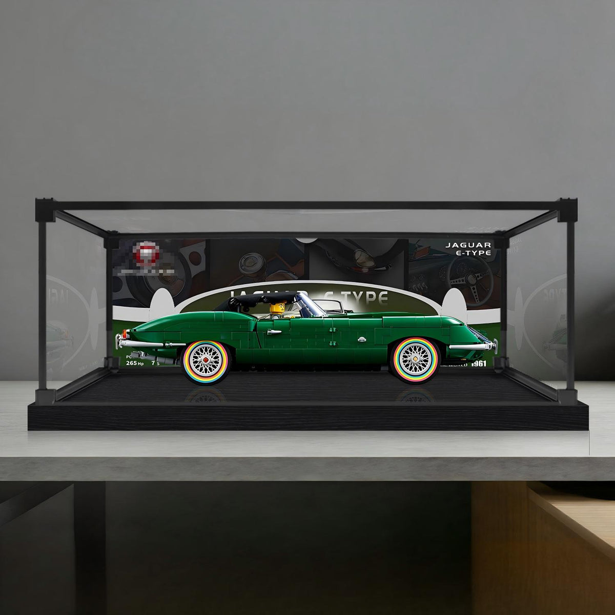 LEGO 11381 Jaguar E-Type Mirror Acrylic Display Case with Ring Light & UV-Printed Background - Dustproof Showcase