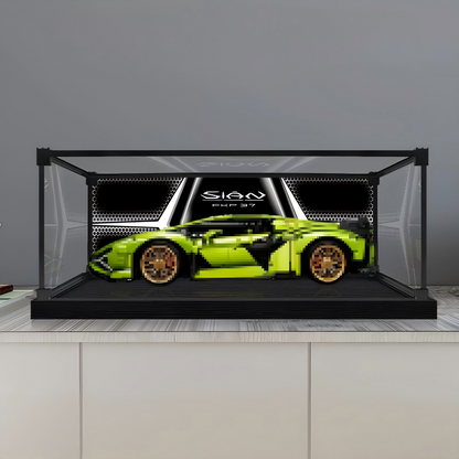 LEGO 42115 Lamborghini Sián FKP 37 Mirror Acrylic Display Case with Ring Light & UV-Printed Background - Dustproof Showcase