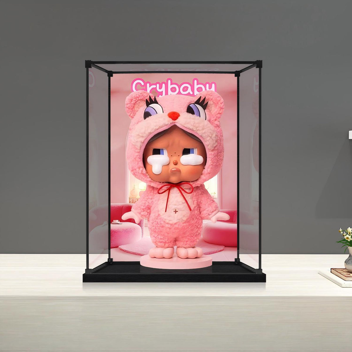 Pop Mart Crybaby 镜面亚克力展示盒，带环形灯和UV印刷背景 - 防尘展示柜
