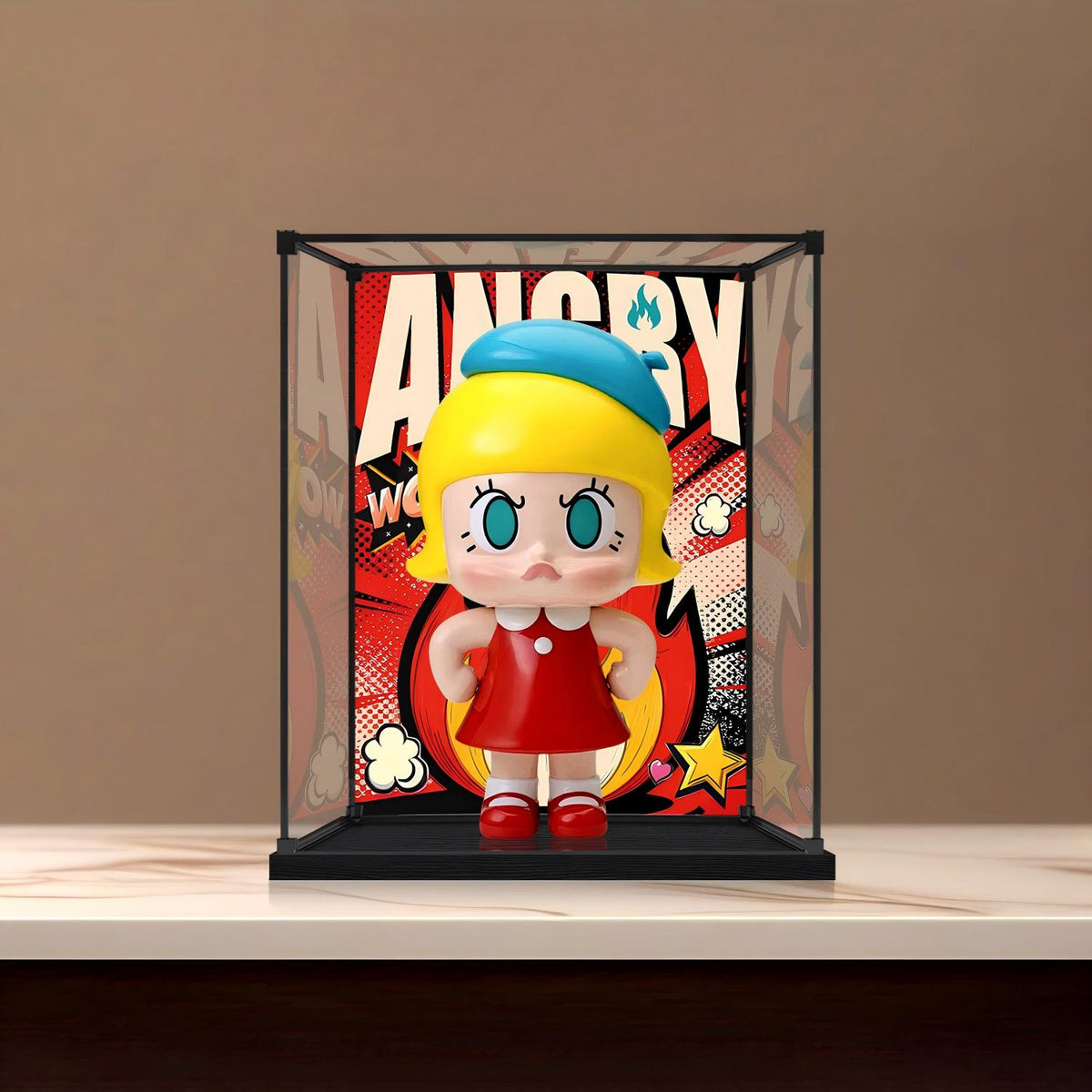 Pop Mart Angry Molly Mirror Acrylic Display Case with Ring Light & UV-Printed Background - Dustproof Showcase
