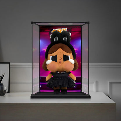 Pop Mart Crybaby Stage Series Mirror Acrylic Display Case with Ring Light & UV-Printed Background - Dustproof Showcase