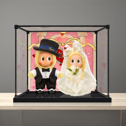 Pop Mart 婚礼系列镜面亚克力展示盒，带环形灯和UV印刷背景 - 防尘展示柜