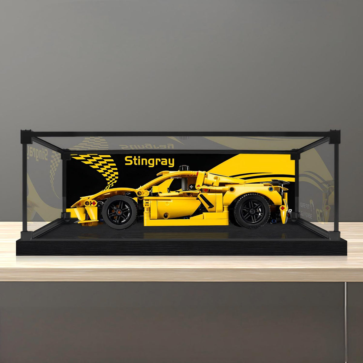 LEGO 42205 Chevrolet Corvette Stingray Mirror Acrylic Display Case with Ring Light & UV-Printed Background - Dustproof Showcase