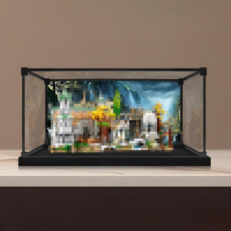LEGO 10316 سيد الخواتم: ريفنديل حامل عرض أكريليك مع إضاءة حلقية وخلفية مطبوعة بالأشعة فوق البنفسجية - صندوق عرض مقاوم للغبار