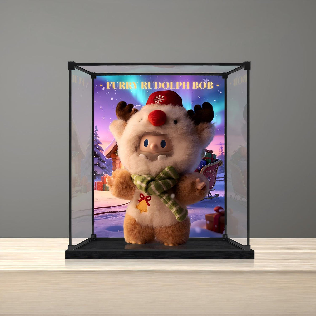 Pop Mart Furry Rudolph Bob Series Mirror Acrylic Display Case with Ring Light & UV-Printed Background - Dustproof Showcase